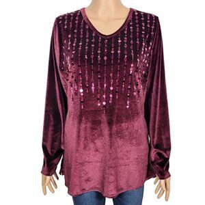 Quacker Factory Women's Paillettes V-Neck Velvet Sequins Top in Purple Size M
